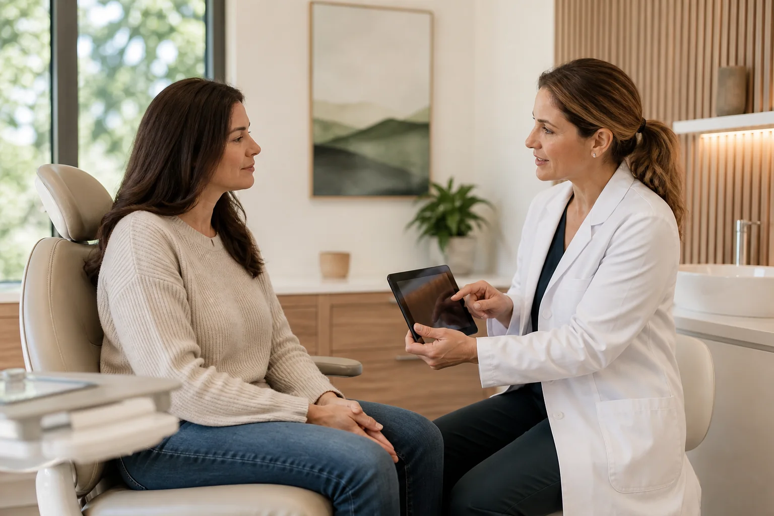 A dentist explaining a treatment plan to a seated patient