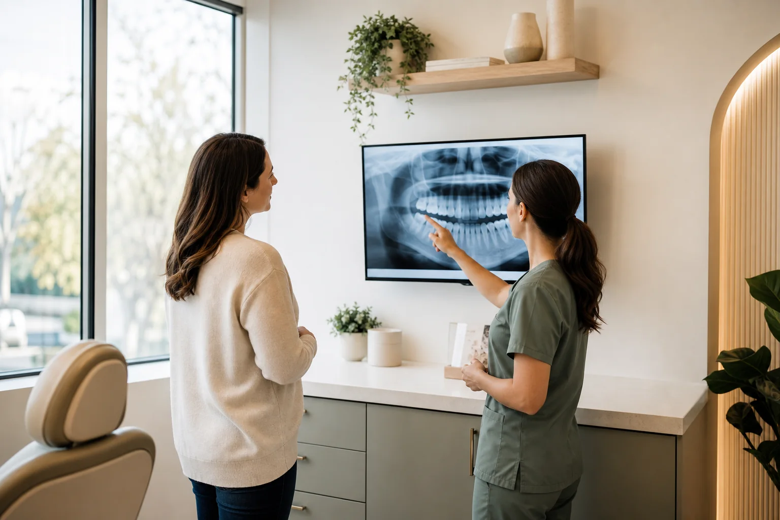 A hygienist helping a patient understand a dental image