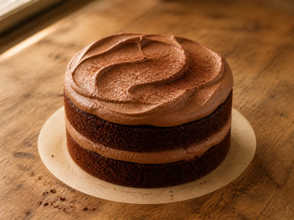A chocolate cake topped with generous swirls of cocoa cream