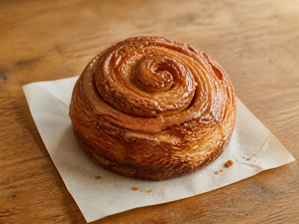 A glazed maple morning bun with crisp layered pastry