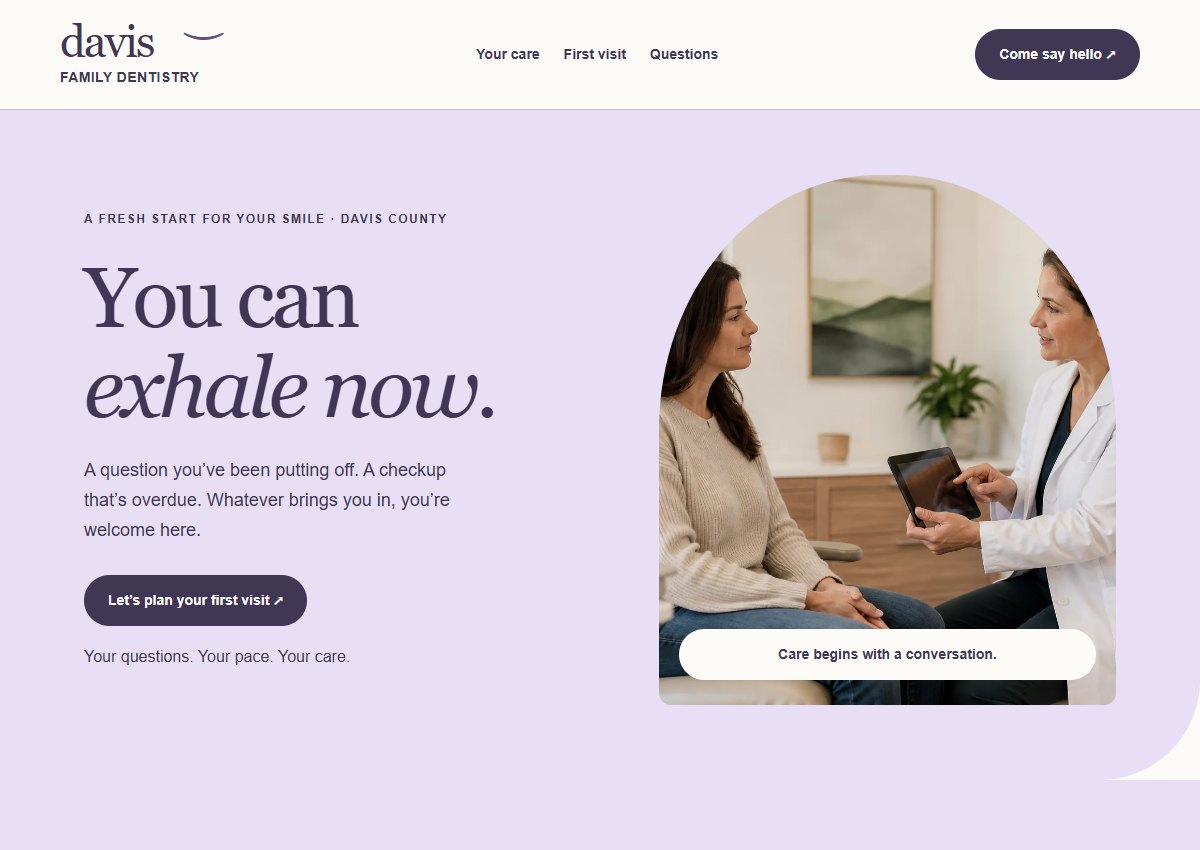 Davis Family Dentistry website concept with a welcoming dental practice and a clear appointment path