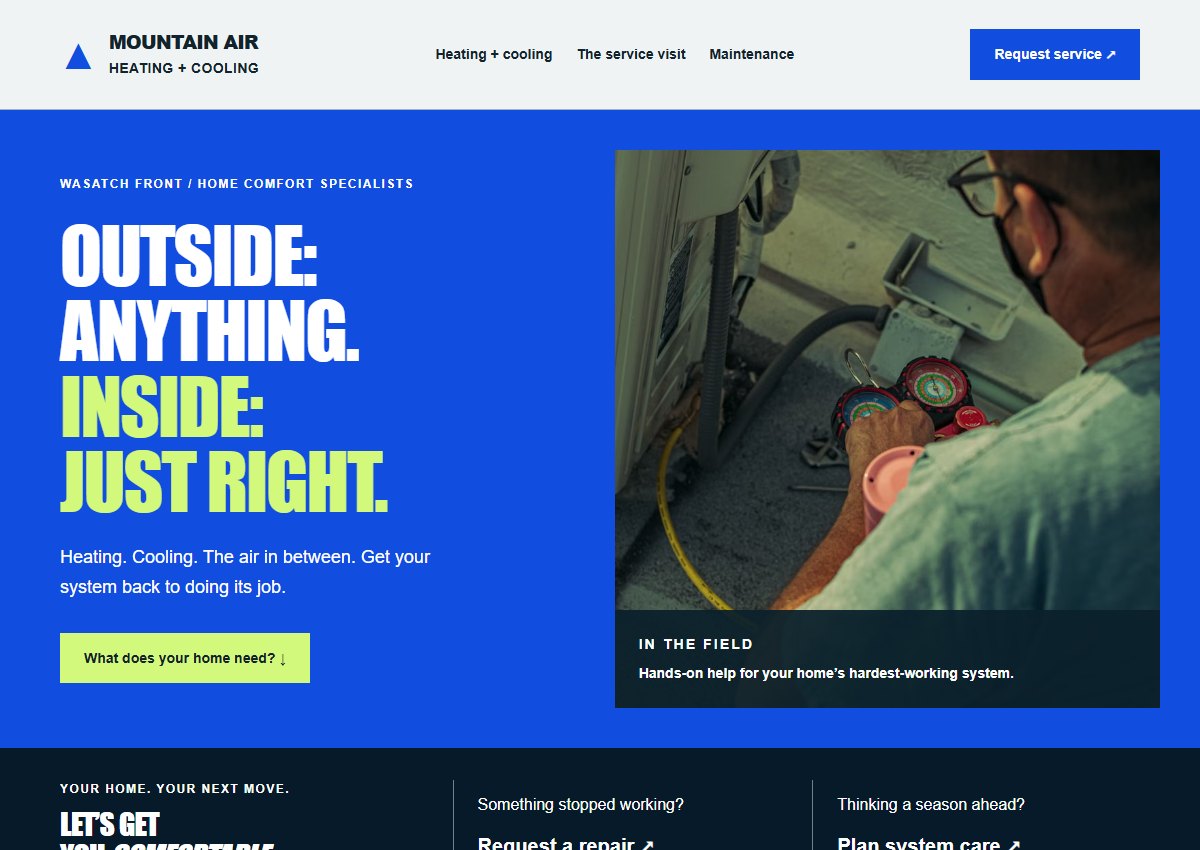 Mountain Air website with heating and cooling services, a clear service request, and an HVAC technician at work