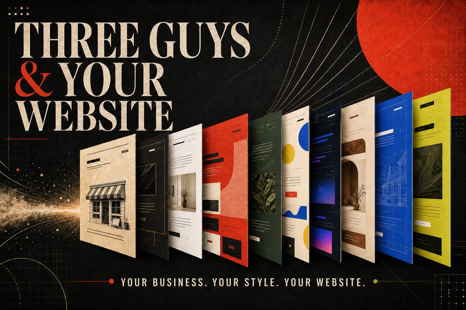 Three Guys and Your Website graphic showing ten distinctly styled website designs.